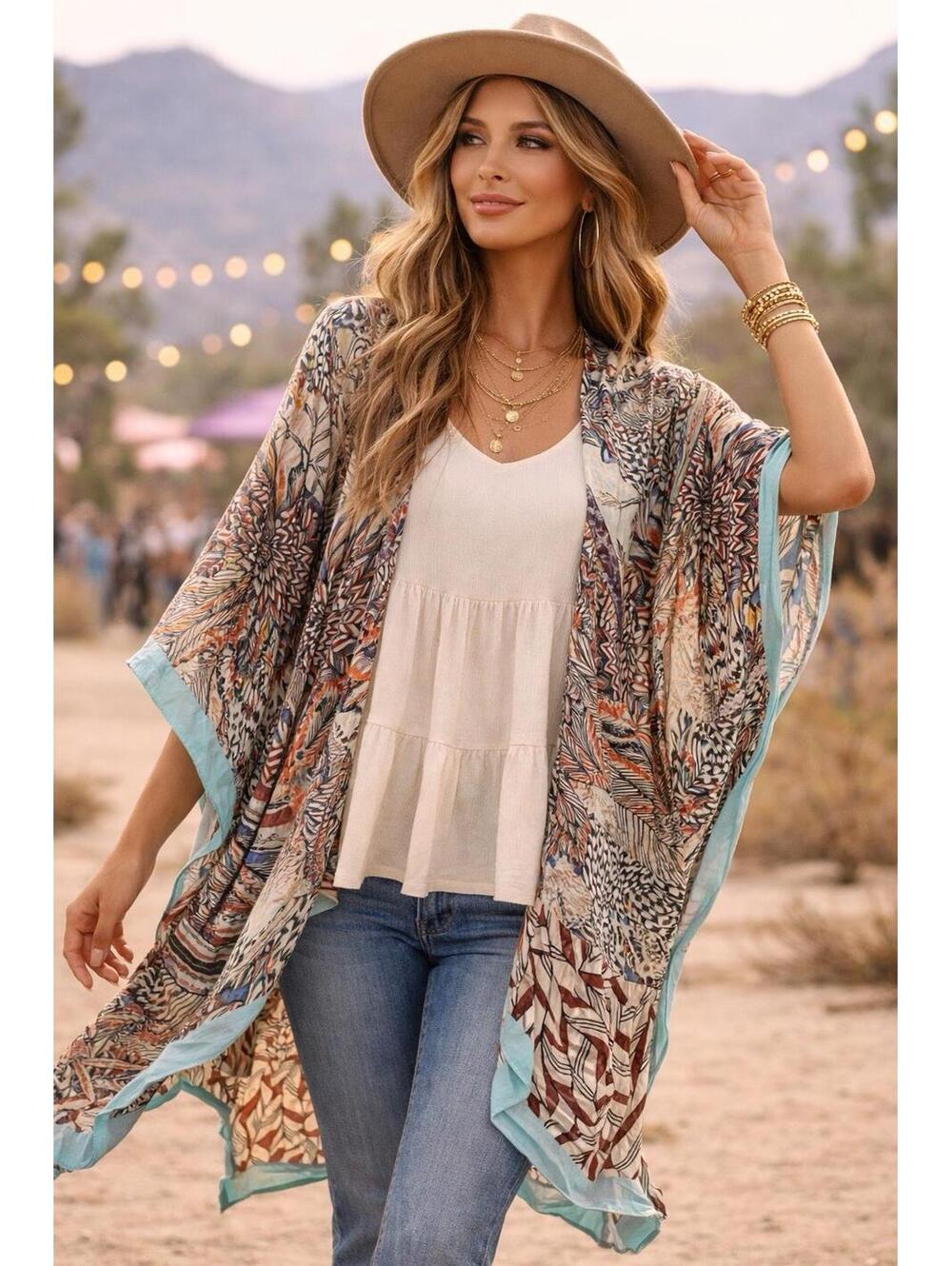 Yak & Yeti Boho Kimono NWT OS Feather Print Duster Open Front Festival
